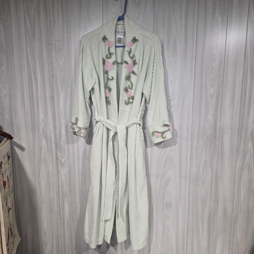 Signature Stan Herman Robe Size Large Pink Green Chenille Stripe Nanny Vtg